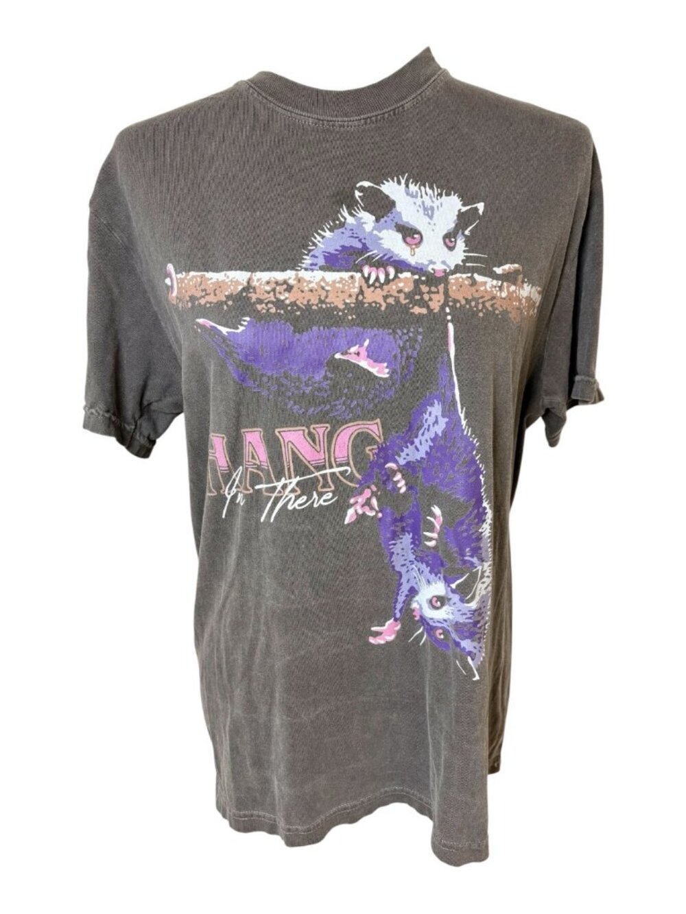 Takeout Order Faded Black Hang in There Opossum Graphic T-Shirt Medium